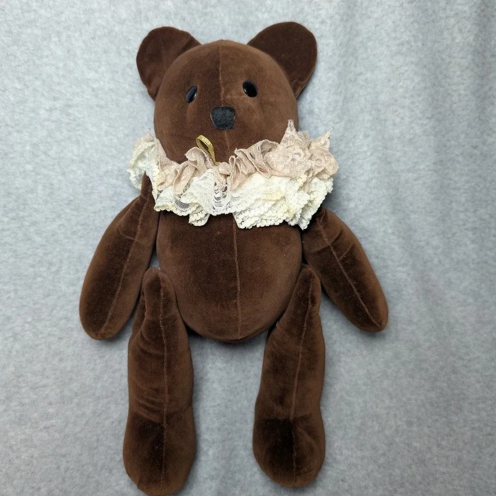 Unbranded Velvet Teddy Bear Unisex Small Brown Button Jointed Lace Collar